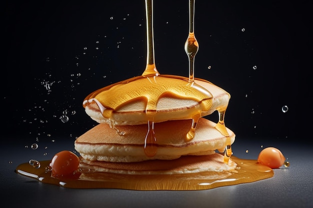 A stack of pancakes with syrup dripping down the top.