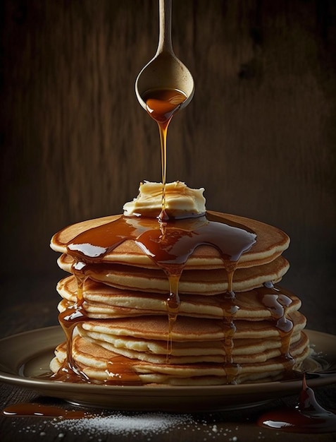 A stack of pancakes with syrup dripping off the top.