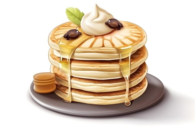 A stack of pancakes with syrup and a maple leaf on top.