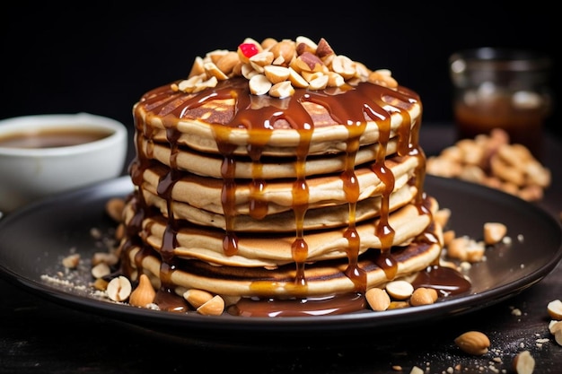 a stack of pancakes with syrup and nuts on top.