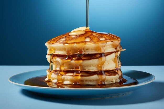 Foto una pila di pancake con sciroppo su un piatto con un coltello sopra