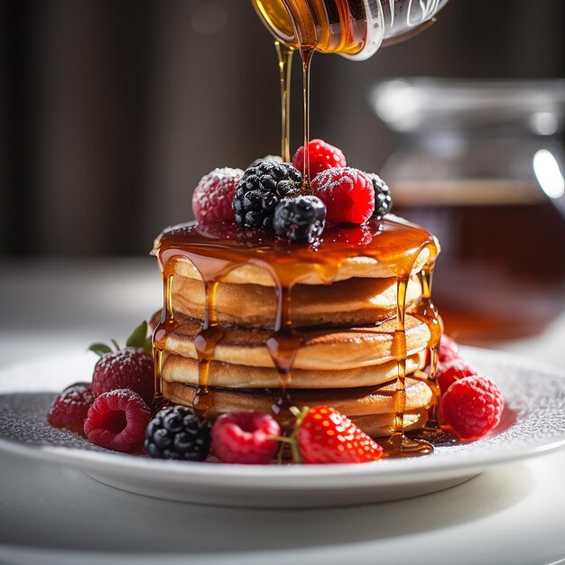 a stack of pancakes with syrup pouring out of it.