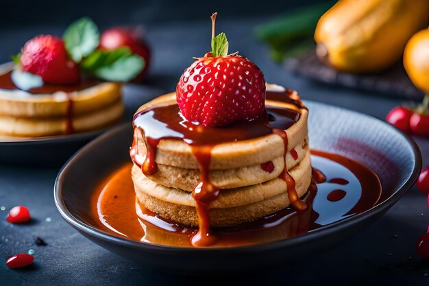 シロップとストロベリーが付いたパンケーキの山