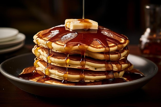 a stack of pancakes with syrup and syrup on top.