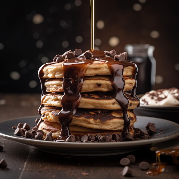 A stack of pancakes with syrup on top of them and chocolate chips on the side.