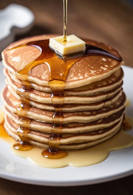 a stack of pancakes with syrup on top of them