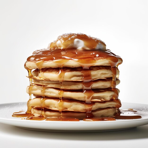 A stack of pancakes with syrup and a white background