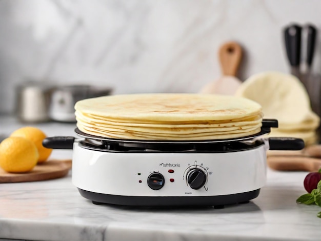 Photo a stack of pancakes with a toaster on top of it