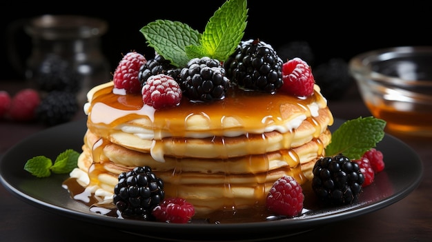 Stack of pancakes with various fruit honey and a white backdrop