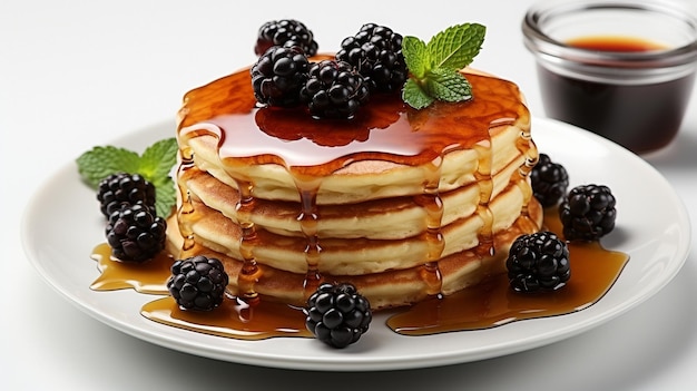 Stack of pancakes with various fruit honey and a white backdrop