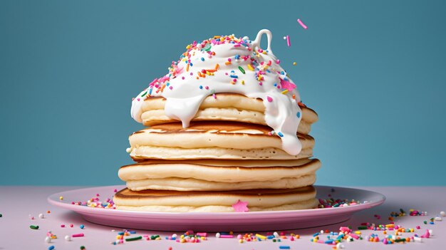 A stack of pancakes with whipped cream and sprinkles