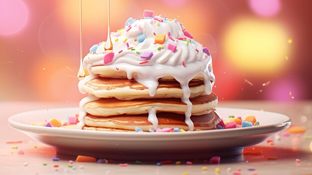 A stack of pancakes with whipped cream and sprinkles