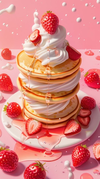 Stack of Pancakes With Whipped Cream and Strawberries