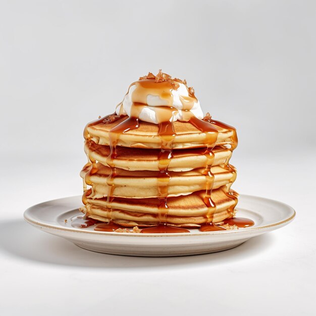 A stack of pancakes with whipped cream and syrup on top.