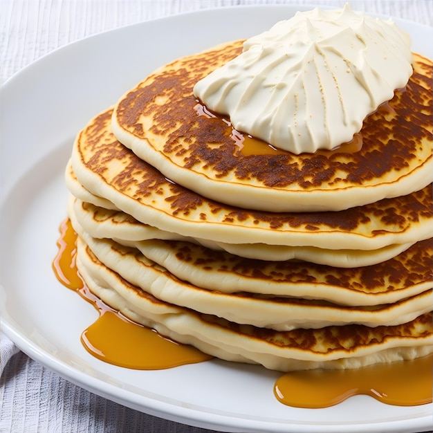 A stack of pancakes with a white cream on top.