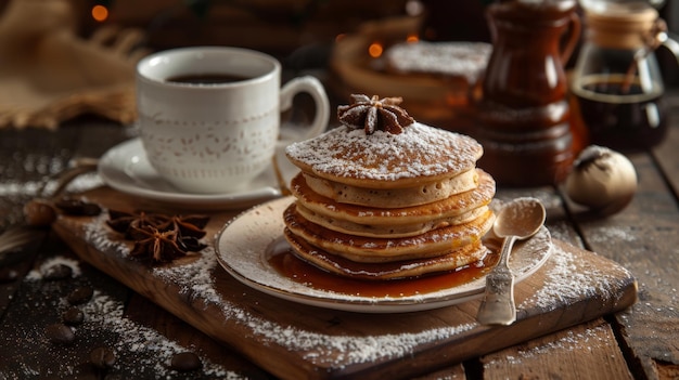 Stack of pancakes on wooden table