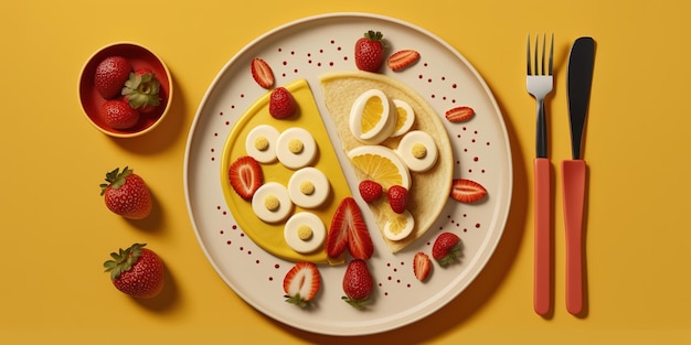 Stack of pancakes on a yellow dish topped with red strawberries and banana slices