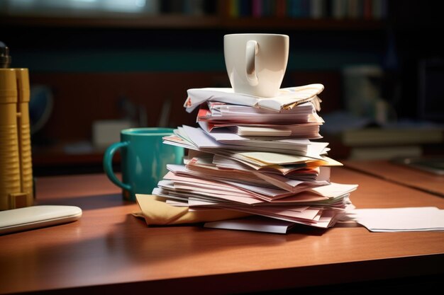 Photo stack of paper applications on a desk with coffee mug