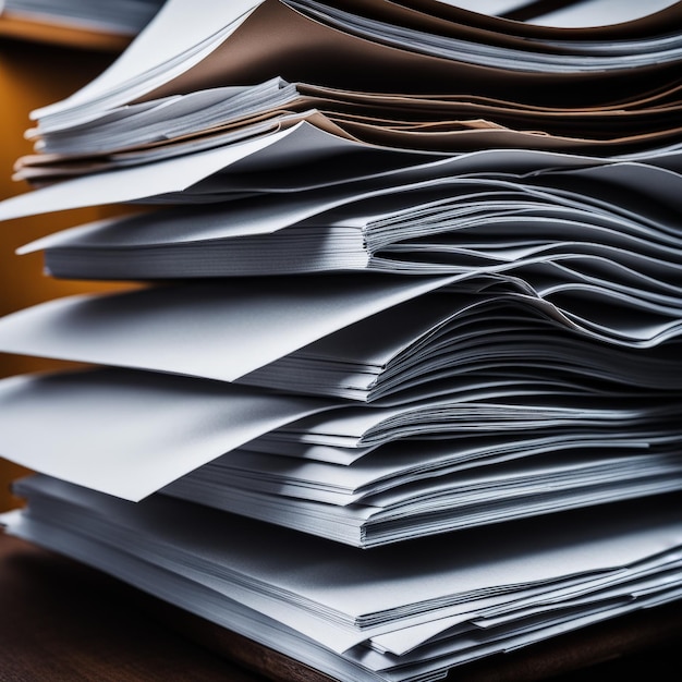 stack of paper files on table in office