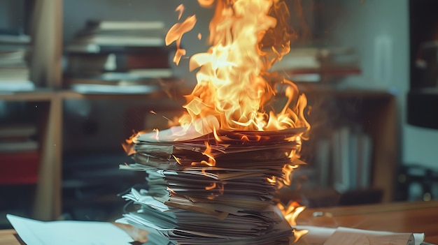 Photo a stack of paper on fire with a blurry background the fire is orange and yellow and the paper is white