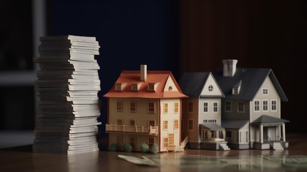 A stack of paper houses with a house in the background