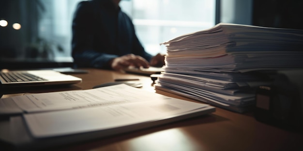 A stack of papers on a desk with a man working on a computer.