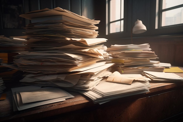 A stack of papers on a desk with a window behind them