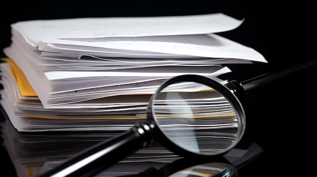 A stack of papers with a magnifying glass on the table