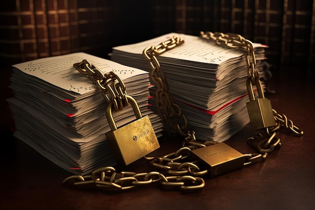 A stack of papers with a padlock and a chain around it.