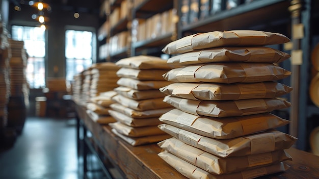 A stack of parcels on the table to be sent The concept of delivery