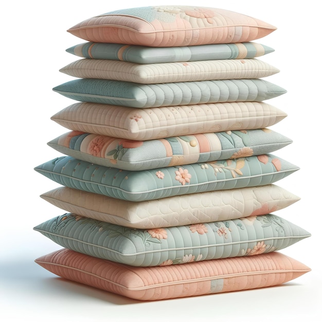 Foto pila di cuscini di colore pastello isolati su uno sfondo bianco