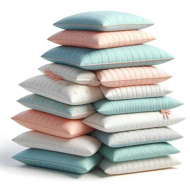 Photo stack of pastel color pillows isolated on white background