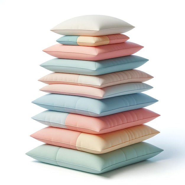 Photo stack of pastel color pillows isolated on white background