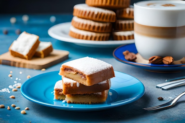 a stack of pastries on a blue plate with a cup of coffee in the background.