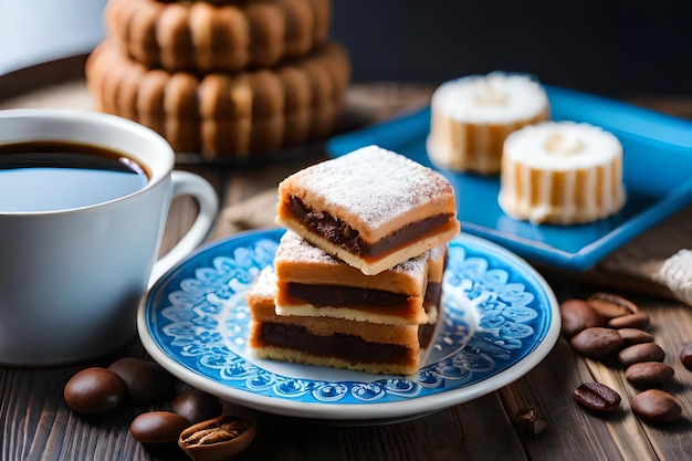 a stack of pastries and coffee on a table.