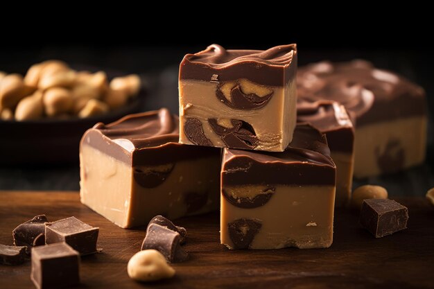 A stack of peanut butter fudge on a wooden board