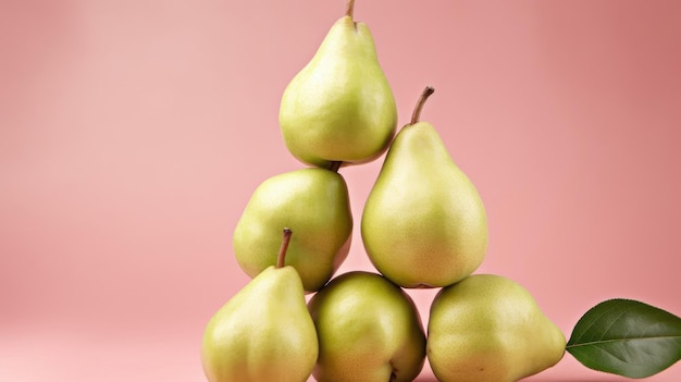 A stack of pears on a pink background