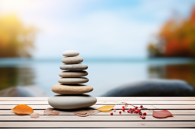 A stack of pebbles resting on wood evoking spa and relaxation