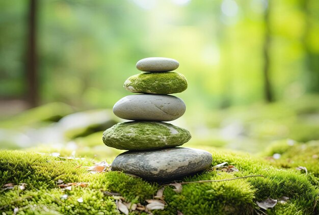 a stack of pebbles on top of mossy grass in the style of transcendentalist themes