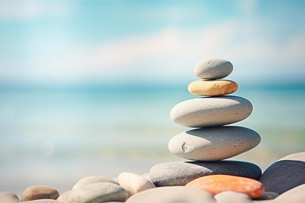 Photo a stack of pebbles with the ocean in the background