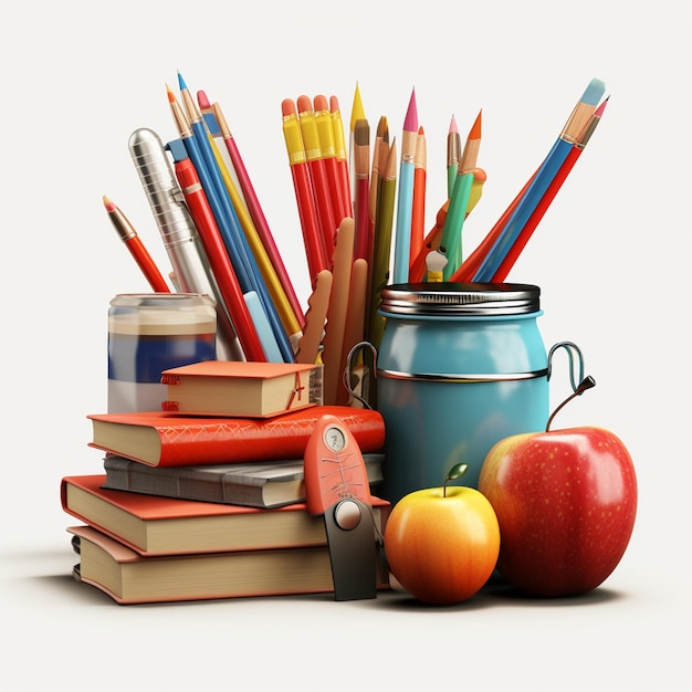A stack of pencils apples and an apple are arranged in front of a jar of pencils