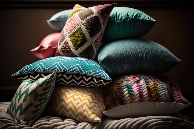 Stack of pillows in different colors and patterns on a bed created with generative ai