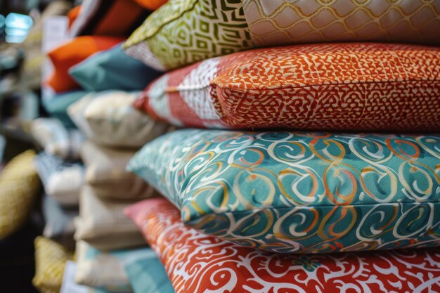 A stack of pillows with different colors and patterns