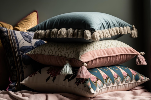 Stack of pillows with patterned pillowcases and tasseled fringe created with generative ai