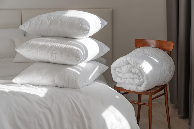 Photo a stack of pillows with a white pillow on top of them