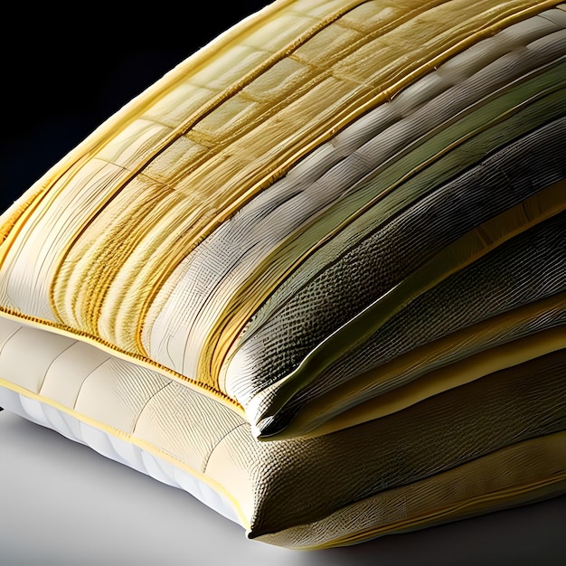 A stack of pillows with yellow and green stripes and a white pillowcase.