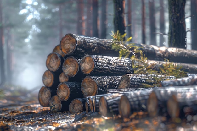 Stack pine log waiting transportation