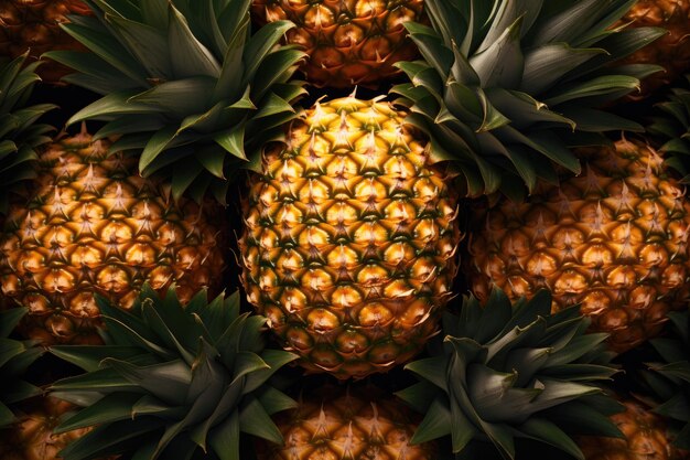 a stack of pineapples with a yellow top.