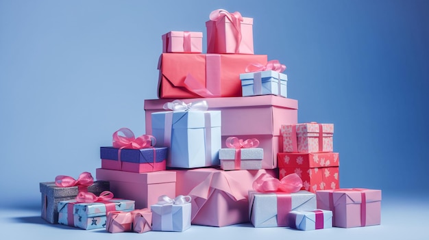 Стопка розовых и голубых подарочных коробок с розовыми лентами и надписью "розовый" на нем