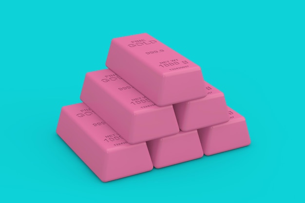 Stack of Pink Golden Bars in Duotone Style on a blue background 3d Rendering